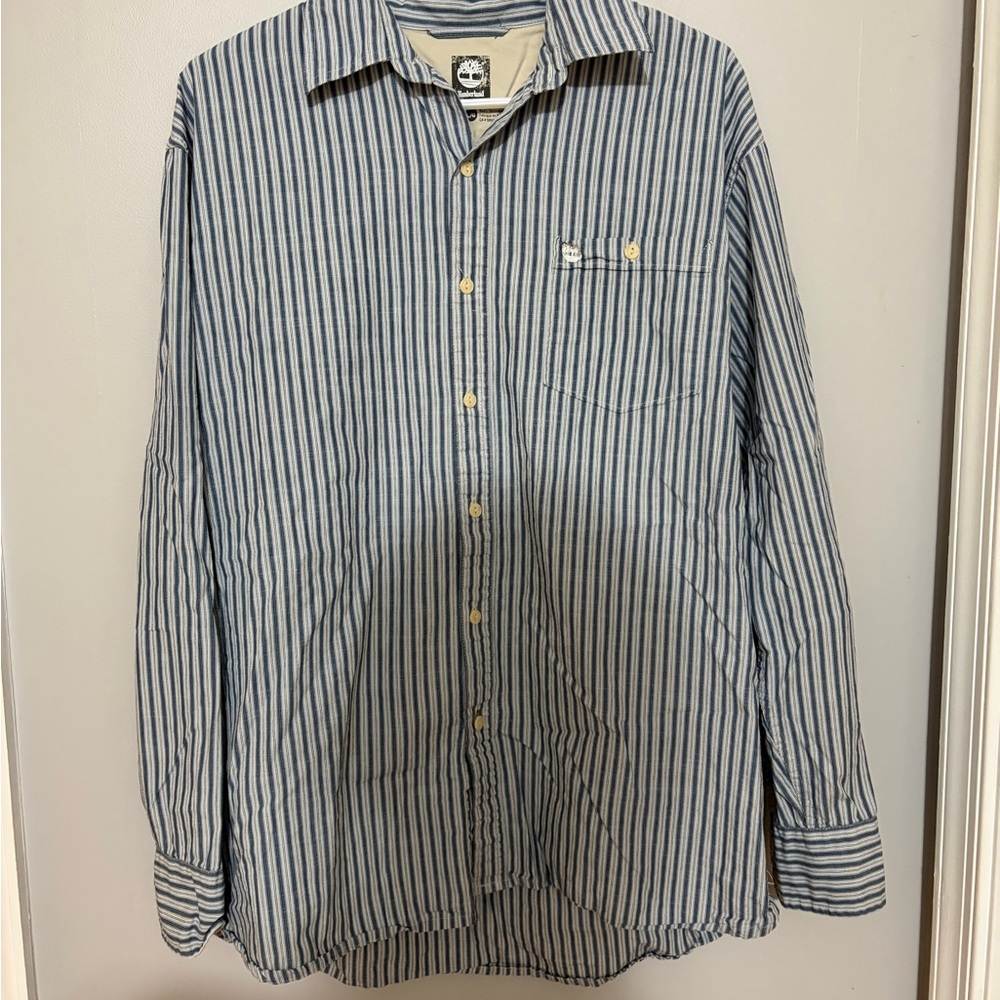 Timberland Men's Navy and White Striped Button-Down Shirt